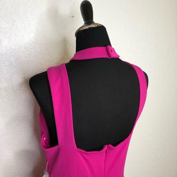 Bebe bright pink halter neck open back sleeveless ruffle hem dress Large NWT - Picture 13 of 16